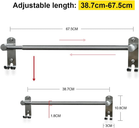 Single Towel Bar for Bathroom, Kitchen, Adjustable Towel Bar 15.2 to 26.5 Inch, Made of Stainless Steel 304, Wall Mounted Towel Holder Bar with Screws Kit, Brushed Texture¦