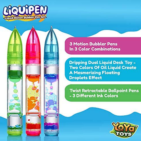 YoYa Toys Liquipen - Liquid Motion Bubbler Pens Sensory Toy (3 Pack) - Writes Like a Regular Pen - Colorful Liquid Timer Pens Great for Stress and Anxiety Relief - Cool Fidget Toys for Kids and Adults