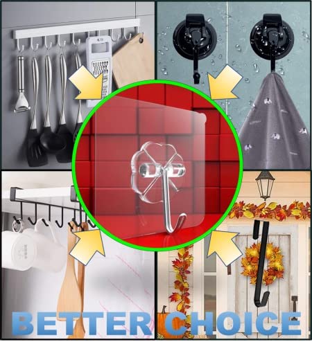 QUALIALL 33lbs Adhesive Hooks for Hanging on Wall or Ceiling, Heavy Duty, Clear, Damage Free, Traceless, Stick on Hangers for Kitchen Bathroom, 10pcs
