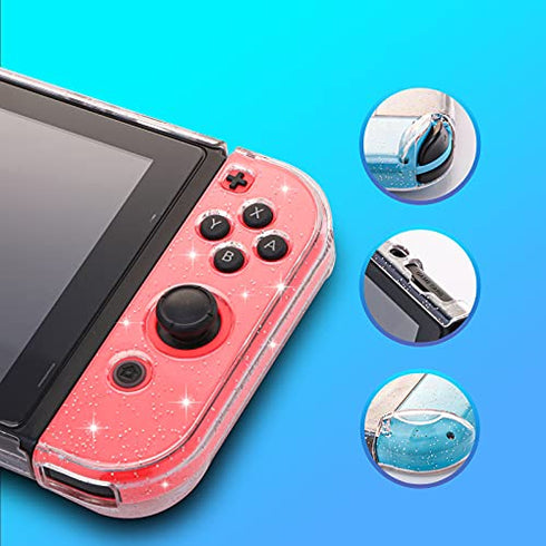 Switch Clear Glitter Case, Switch Protective Case with Tempered Glass Screen Protector and Thumb Grip Caps