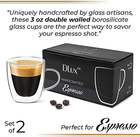 DLux Espresso Coffee Cups 3oz, Double Wall, Clear Glass Set of 2 Glasses with Handles, Insulated Borosilicate Glassware Tea Cup