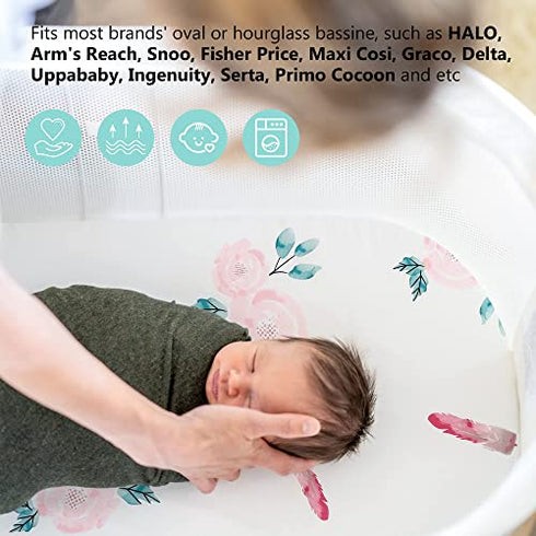 TILLYOU Silky Soft Breathable Bassinet Sheets Fitted for Baby Boy Girl, Compatible with Brands’ Basinette Bedside Co-Sleeper Lounger Cradle Oval Rectangle Hourglass Mattress, 2-Pack Floral Flowers