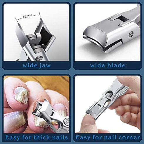 Nail Clippers for Men Thick Nails - Professional Extra Large Heavy Duty Toe Nail Clippers for Seniors, Stainless Steel Wide Jaw Opening No Splash Fingernail Cutters Long Handle with Catcher File