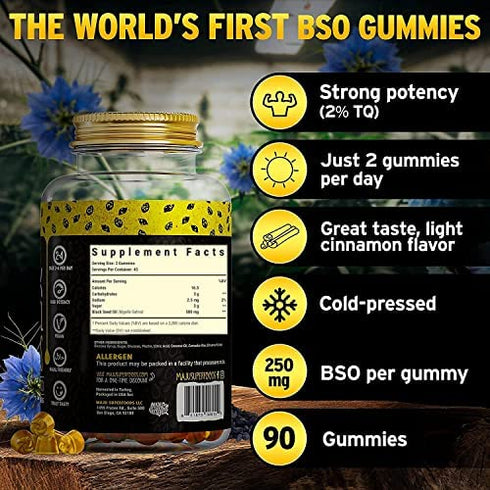 MAJU's Black Seed Oil Gummies 90ct, World's 1st, 2.5X Oil Per BSO Gummy, Black Cumin Seed Nigella Sativa Oil, Cold-Pressed, Potent Formula with Cinnamon Extract, Tasty, 500mg Gummies 90ct