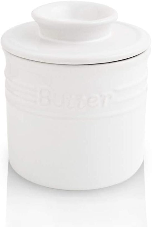 KOOV Porcelain Butter Crock, French Butter Dish, Ceramic Butter Keeper for Counter, Big Capacity, Elegant Blue Collection (White)