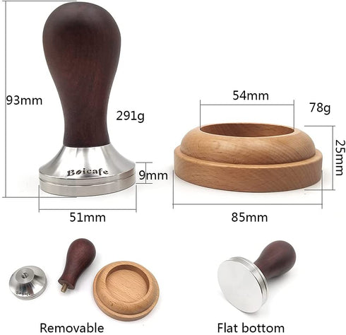 Boicafe 51mm Coffee Tamper with Stainless Steel Base and Solid Wood Handle with Wooden Mat (51mm)