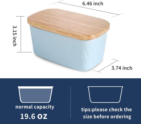 KOOV Porcelain Large Butter Dish with Lid for Countertop, Airtight Butter Container with Oak Lid, Butter Crock, Perfect for 2 Sticks of Butter, Texture Series (Sky)