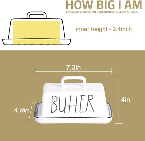 SWEEJAR Ceramic Butter Dish with Handle Lid, 7.3 Inch Porcelain Large Butter Keeper with Cover, Perfect for East/West Butter (White)