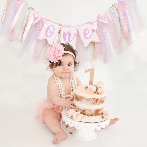 Pink Sweetheart One Birthday Banner - Pink Tutu Skirt High Chair Banner , 1st Birthday Party Gifts for Girls , Pink Bow-knot Decoration , Birthday Party Decorations , Photo Decoration Props , Valentines Day Banner