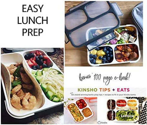 Bento Lunch Box For Adults, Kids | Leakproof Meal Prep Portion Control Boxes Japanese Style for Boys Teens 3 Compartment Slim Container For Work, School | Eco-friendly Divided Containers, Grey - Black