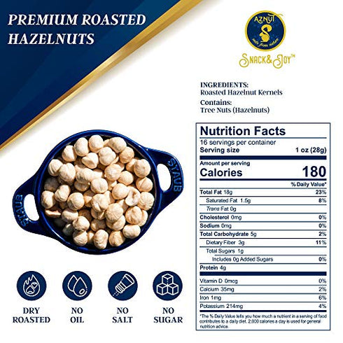 AZNUT Roasted Hazelnuts Natural Non-GMO Certified, Unsalted, Dry Roasted, Kosher Certified, Resealable Bag 6 oz