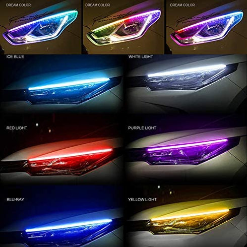 Car Headlight LED Strips, LEDCARE 24 Inch Exterior Car LED Strip Lights with Dreamcolor Chasing, Flexible Waterproof LED Daytime Running Light Strip, Wireless APP Controlled DRL, 2-Pack