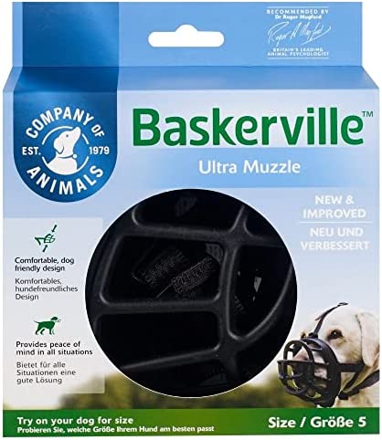 BASKERVILLE Ultra Dog Muzzle- Black Size 5, Perfect for Large Dogs, Prevents Chewing and Biting, Basket allows Panting and Drinking-Comfortable, Humane, Adjustable, Lightweight, Durable
