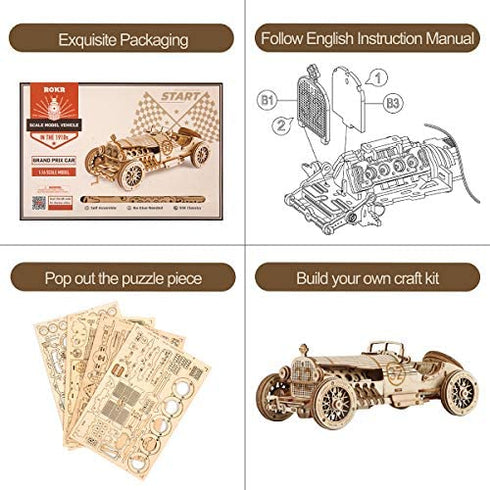 ROKR 3D Wooden Puzzle for Adults-Mechanical Car Model Kits-Brain Teaser Puzzles-Vehicle Building Kits-Unique Gift for Kids on Birthday/Christmas Day(1:16 Scale)(MC401-Grand Prix Car)