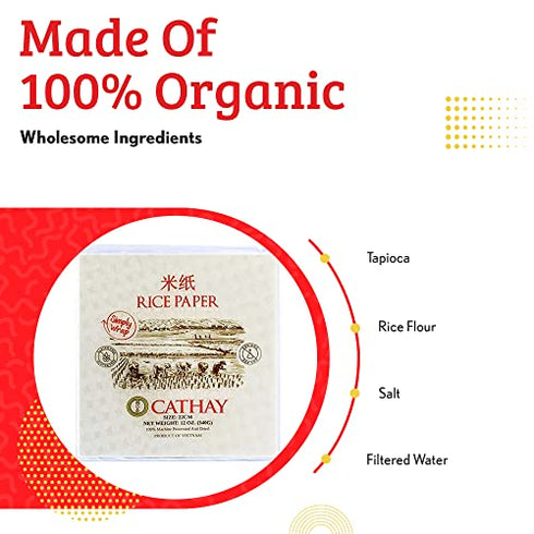 Cathay Fresh Spring Roll Rice Paper Wrappers, Rice Paper Wrappers for Fresh Rolls-30 Sheets, Non-GMO, Gluten-Free, Low Carb, Vietnamese Summer Wrap with Natural Ingredients,Veggie Wrap (Square, 22cm)