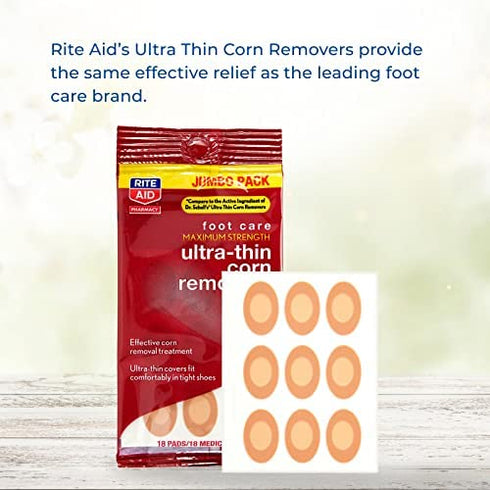 Rite Aid Foot Care Maximum Strength Ultra-Thin Corn Removers - 18 Pads/ 18 Medicated Patches with Salicylic Acid 40% | Corn Remover for Toes and Feet | Corn Pads | Heel Callus Remover | Forefoot Pads