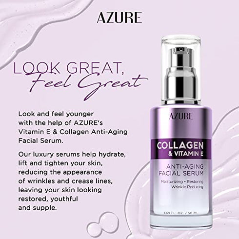AZURE Collagen & Vitamin E Anti Aging Facial Serum - Restoring, Smoothing & Hydrating Face Serum - Reduces Fine Lines & Wrinkles, Repairs Dry, Tired & Dehydrated Skin - Skin Care Made in Korea - 50mL / 1.69 fl.oz.