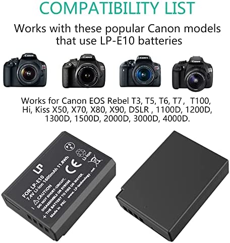 LP-E10 Battery Charger, LP Charger Compatible with Canon EOS Rebel T7, T6, T5, T3, T100, 4000D, 3000D, 2000D, 1500D, 1300D, 1200D, 1100D & More (Not for T3i T5i T6i T6s T7i)