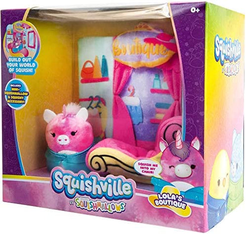 Squishville by Squishmallow Boutique Play Scene, 2” Lola Soft Mini-Squishmallow, 8” Playset, 1 Plush Accessory, Marshmallow-Soft Animals, Boutique Toys