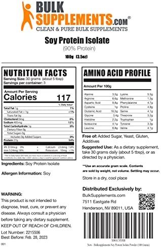 BulkSupplements.com Soy Protein Isolate Powder - Unflavored, No Sugar Added, Gluten Free, Vegetarian & Vegan Protein Powder - 27g of Protein - 30g per Serving (100 Grams - 3.5 oz)