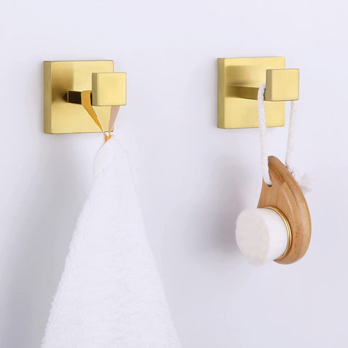 Bathroom Towel Hook 2 PCS, Angle Simple SUS304 Stainless Steel Shower Towel Holder, Coat Bathrobe Hanger, Square Robe Hook, Wall Mount, Brushed Gold