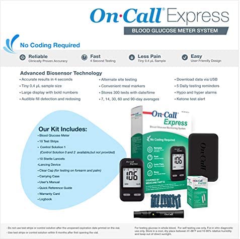 On Call Express Diabetes Testing Kit- Blood Glucose Meter, 10 Blood Test Strips, 1 Lancing Device, 30g Lancets, Control Solution, Carrying Case, Log Book, Black