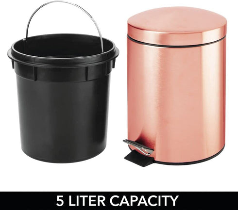 mDesign Modern 1.3 Gallon Round Small Metal Step Trash Can Wastebasket, Garbage Container Bin - for Bathroom, Powder Room, Bedroom, Kitchen, Craft Room, Office - Removable Liner Bucket - Rose Gold
