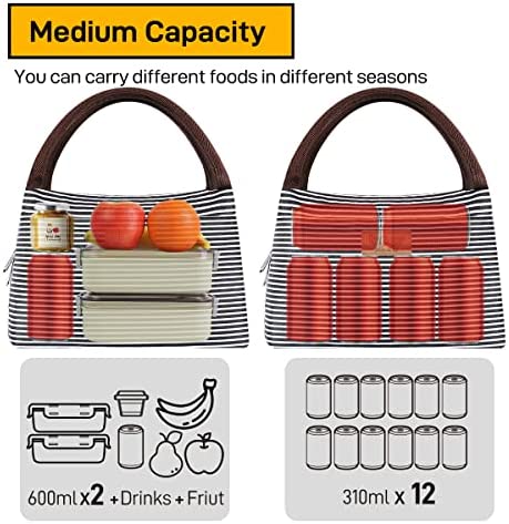 Buringer Reusable Insulated Lunch Bag Cooler Tote Box Meal Prep for Men & Women Work Picnic or Travel (Grey White Stripes)
