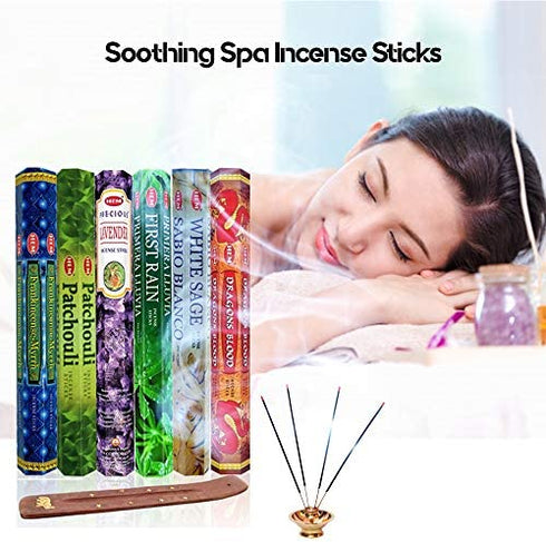 Six Most Popular Hem Incense Scents of All Time, 120 Sticks Total, with Free Burner - 20 Sticks Each of Dragon's Blood, Frankincense & Myrrh, Patchouli, Precious Lavender, First Rain, and White Sage