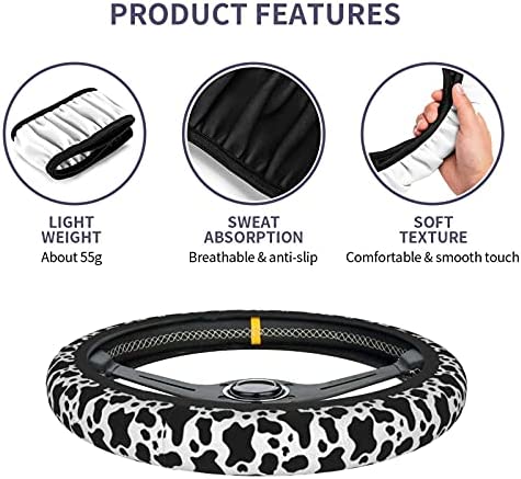 Black White Cow Print Steering Wheel Cover Universal 15 inch Cute Car Steering Wheel Wrap Cover for Women & Girls & Men