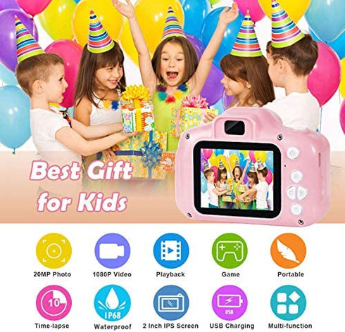 Agoigo Kids Waterproof Camera Toys for 3-12 Year Old Boys Girls Christmas Birthday Gifts Children's HD Video Digital Action Cameras Child Indoor Outdoor Toddler Camera, 2 Inch Screen (Pink)