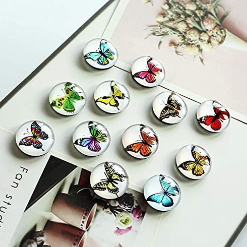 COSOW 12Pcs Glass Strong Magnetic Refrigerator Magnet Fridge Sticker - Butterfly Round Glass Fridge Decoration, Office Whiteboard Magnet, Cabinet Magnet, Dishwasher Magnet, Cabinet Cute Locker Magnet