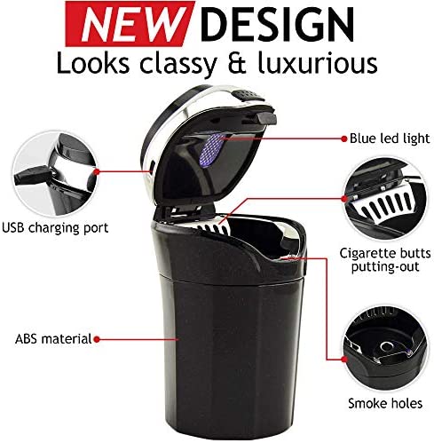 TAKAVU Car Ashtray (1-Pack), Easy Clean Up Detachable Stainless Car Ashtray with Lid Blue Led Light and Removable Lighter for Most Car Cup Holder (Silver)