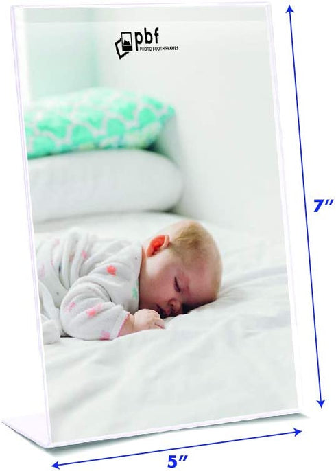 Photo Booth Frames - 5x7 Inch Clear Acrylic Display, Slanted Back Vertical Standing Plastic Picture or Display Sign Holder with Inserts - 12 Count