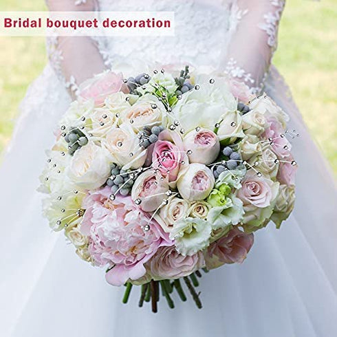 EOPER 60 Pieces 4mm Pearls String Wedding Bouquet Floral Beaded Sticks for DIY Bride Bouquet, Wedding Party Garland Decor, Table Centerpiece, Sliver