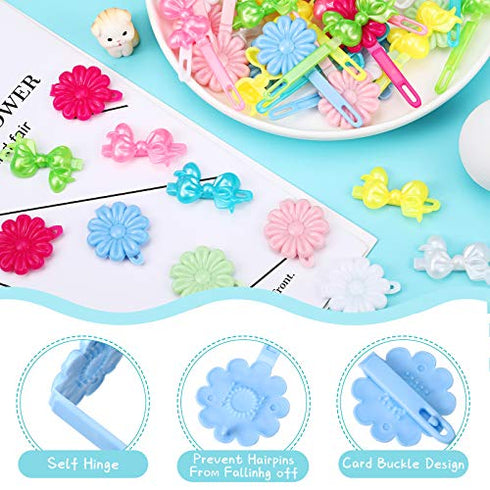 76 Pieces Self Hinge Plastic Hair Barrettes for Girls Multi-coloured Flower and Bowknot Hair Clips Cute Hair Barrettes 80s 90s Hair Clips Cartoon Design Hairpins Hair Accessories (Flower, Bowknot)