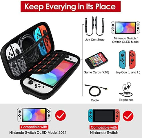 Carrying Case for Nintendo Switch and NEW Switch OLED Model(2021),iVoler Portable Hard Shell Pouch Carrying Travel Game Bag for Switch Accessories Holds 10 Game Cartridge (Black)