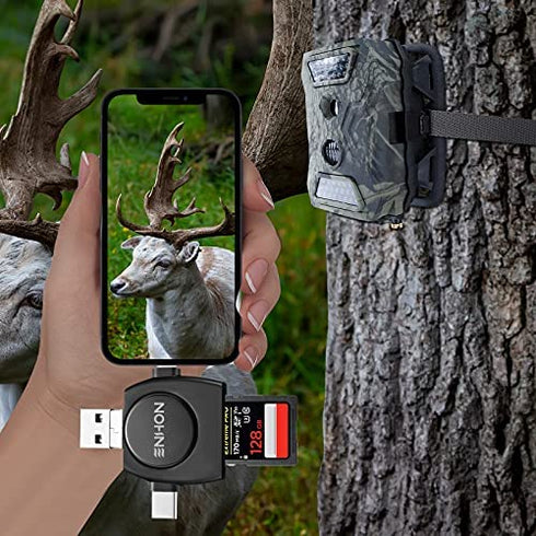 Trail Camera Viewer Compatible with iPhone iPad Mac Android, 4 in 1 SD and Micro Card Reader to View Photos from Wildlife Hunting Game Camera on Smartphone Compatible with iOS, Android Devices