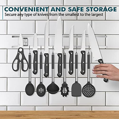 Magnetic Knife Holder for Wall - Stainless Steel Knife Magnetic Strip 18 Inch - Wall Knife Magnet Bar Rack With Hooks - Kitchen Utensil Holder and Knife Storage Holder
