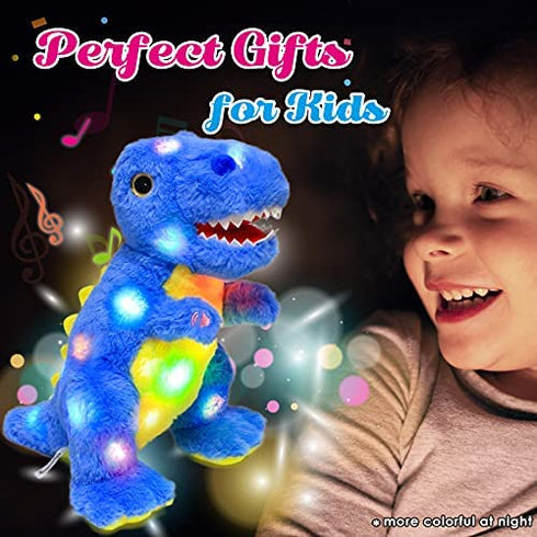 Cuteoy LED Musical T-Rex Blue Stuffed Dinosaur Light up Singing Plush Toy Adjustable Volume Lullaby Animated Soothe Birthday Gifts for Kids Toddlers, 12’’
