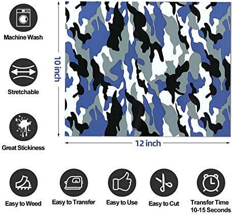 YRYM Camo HTV Heat Transfer Vinyl Bundle : 10 Pack 12" x 10" Sheets Iron on Vinyl?5 Assorted Colors Heat Transfer Camouflage Pattern Vinyl (Camouflage Green,Brown,Blue,Red,Black and White)