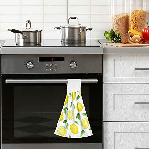 Summer Fresh Lemons Hanging Kitchen Towels Yellow Lime Orange Slices Fruit Leaves Bathroom Hand Tie Towel Fast Drying Dish Tea Towels for Bath Tabletop Gym Home Decor Set of 2