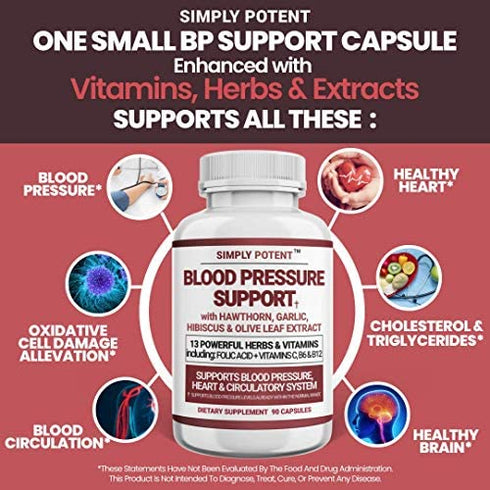 Blood Pressure Support Supplements - Healthy Heart, Cholesterol, Cardio, Hypertension, High BP - 13 Vitamins & Herbs - Folic Acid, Vitamins C B6 & B12, Hawthorn Olive Leaf Garlic Hibiscus, 90 Capsule