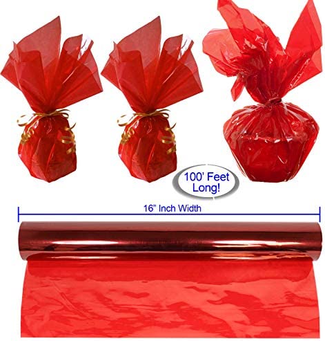 AnapoliZ Cellophane Wrap Roll Red | 100’ Ft. Long X 16” in. Wide | 2.3 Mil Thick Transparent Red | Gifts, Baskets, Treats, Cellophane Wrapping Paper | Colorful Cello Christmas, Holiday Color