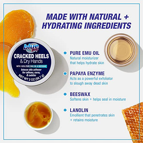Blue Goo Cracked Heels & Dry Hands Intense Skin Softener - for Calluses, Corns & Elbow Dryness Relief, Fast- Penetrating Hydrating Moisturizer, Made w/ 100% Pure Emu Oil & Beeswax, 2 oz (1 Pack)