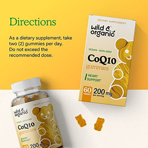 Wild & Organic CoQ10 Gummies 200 mg - Natural Coenzyme Q10 Nutritional Supplement - Antioxidant Support, Helps Promote Brain & Heart Wellness, Boost Energy Levels - 60 Banana-Flavored Chewable Bears