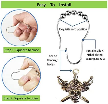 Aimoye Nautical Shower Curtain Hooks Rings - Pirate Skull, Anchor, Rudder Decorative Bathroom Accessories Set, Silver Metal Window Curtain Hangers, Tropical Ocean, Beach, Sea Theme Bathroom Decor
