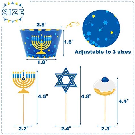 48Pcs Hanukkah Cupcake Toppers and Wrappers for Hanukkah Party Decorations Chanukkah Theme Party Supplies