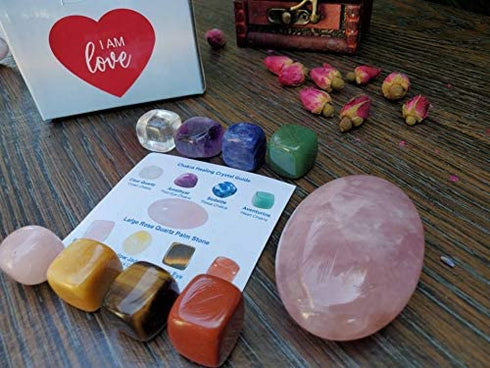Chakra Self Love Healing Crystal Collection in Treasure Chest, 9 PCS 1 Large Rose Quartz Palm Stone 8 Chakra Tumbled Stones Guide Self-Love Affirmations The Sacred Gift,Self Worth,Spirituality