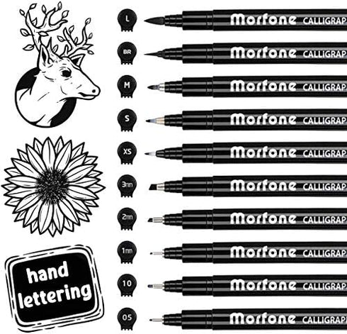 Morfone 10 Size Hand Lettering Pens Calligraphy Brush Pens Black Ink Markers Set Art Kit for Beginners, Hand Writing, Drawing, Sketching, Journaling, Illustrations